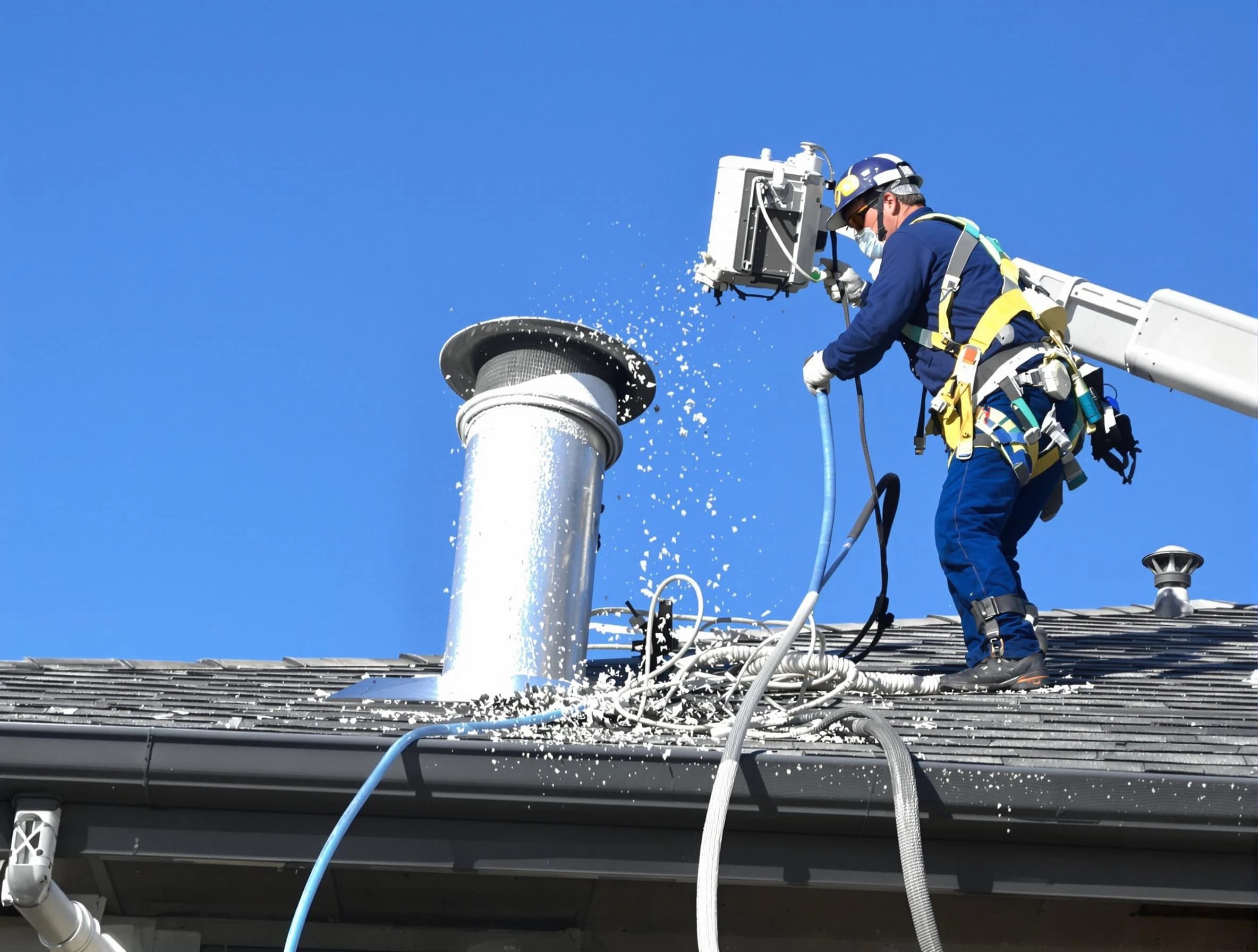 Noble Dryer Vent Cleaning certified technician safely cleaning a roof-mounted dryer vent in Noble