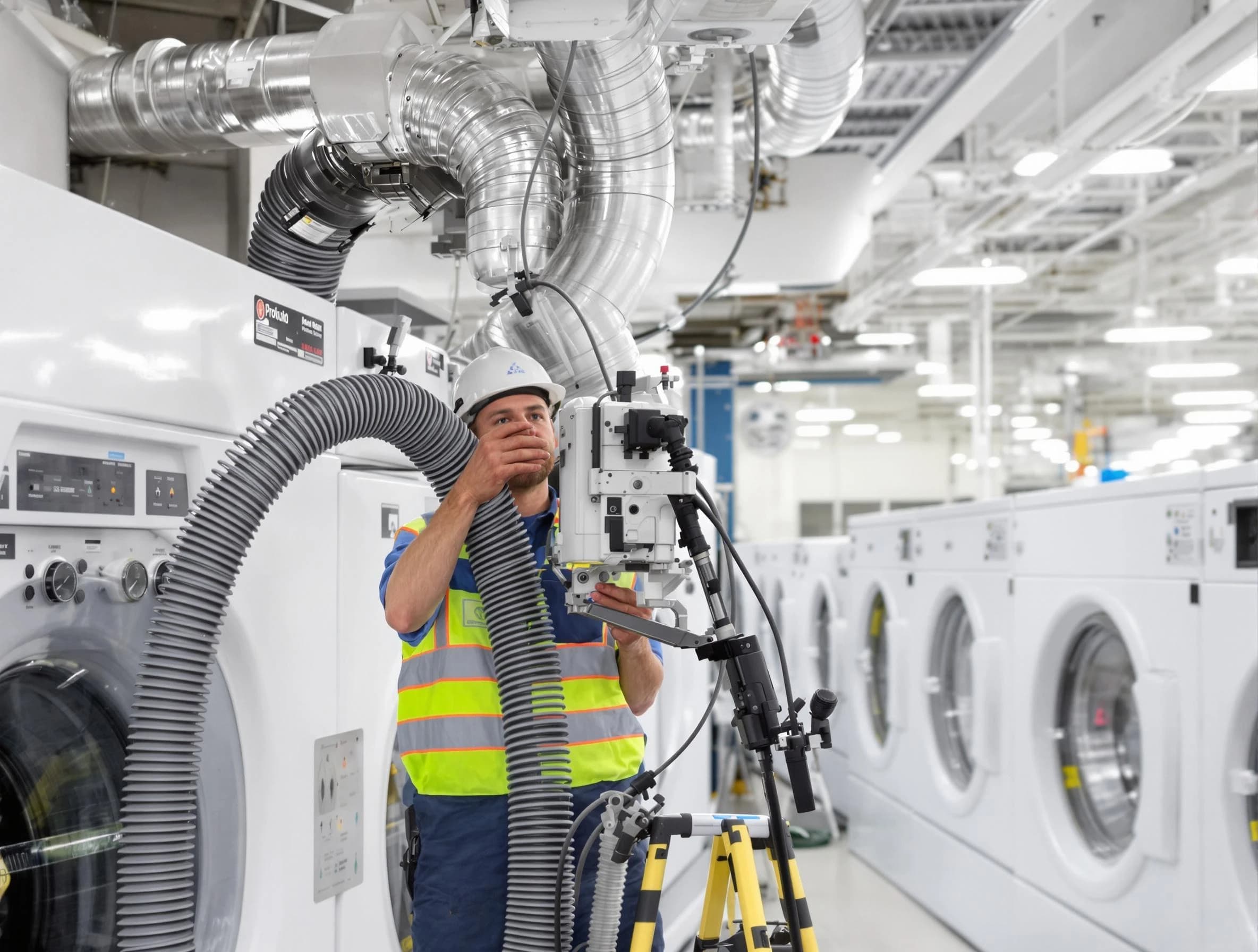 Noble Dryer Vent Cleaning team performing commercial-grade dryer vent cleaning at a business facility in Noble