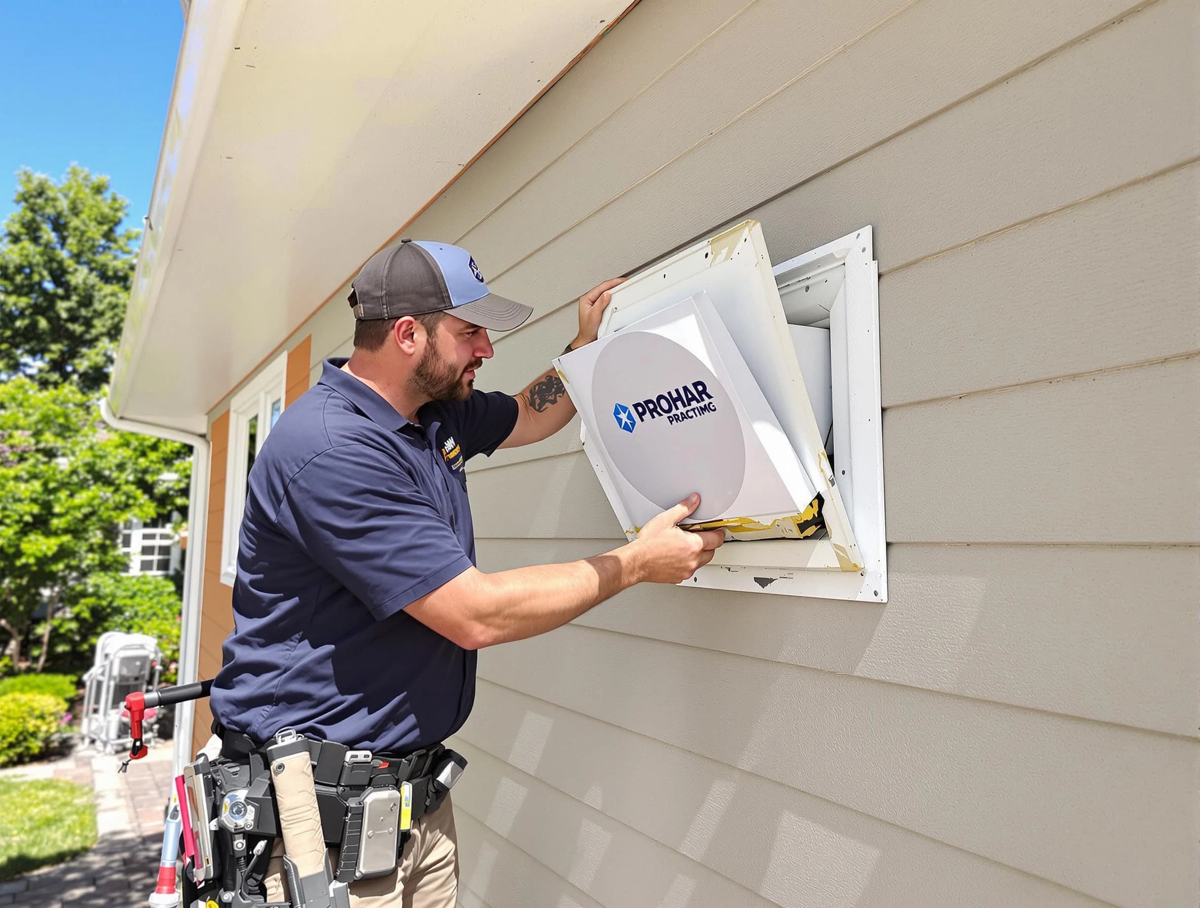Noble Dryer Vent Cleaning technician installing a new protective dryer vent cover on a home in Noble