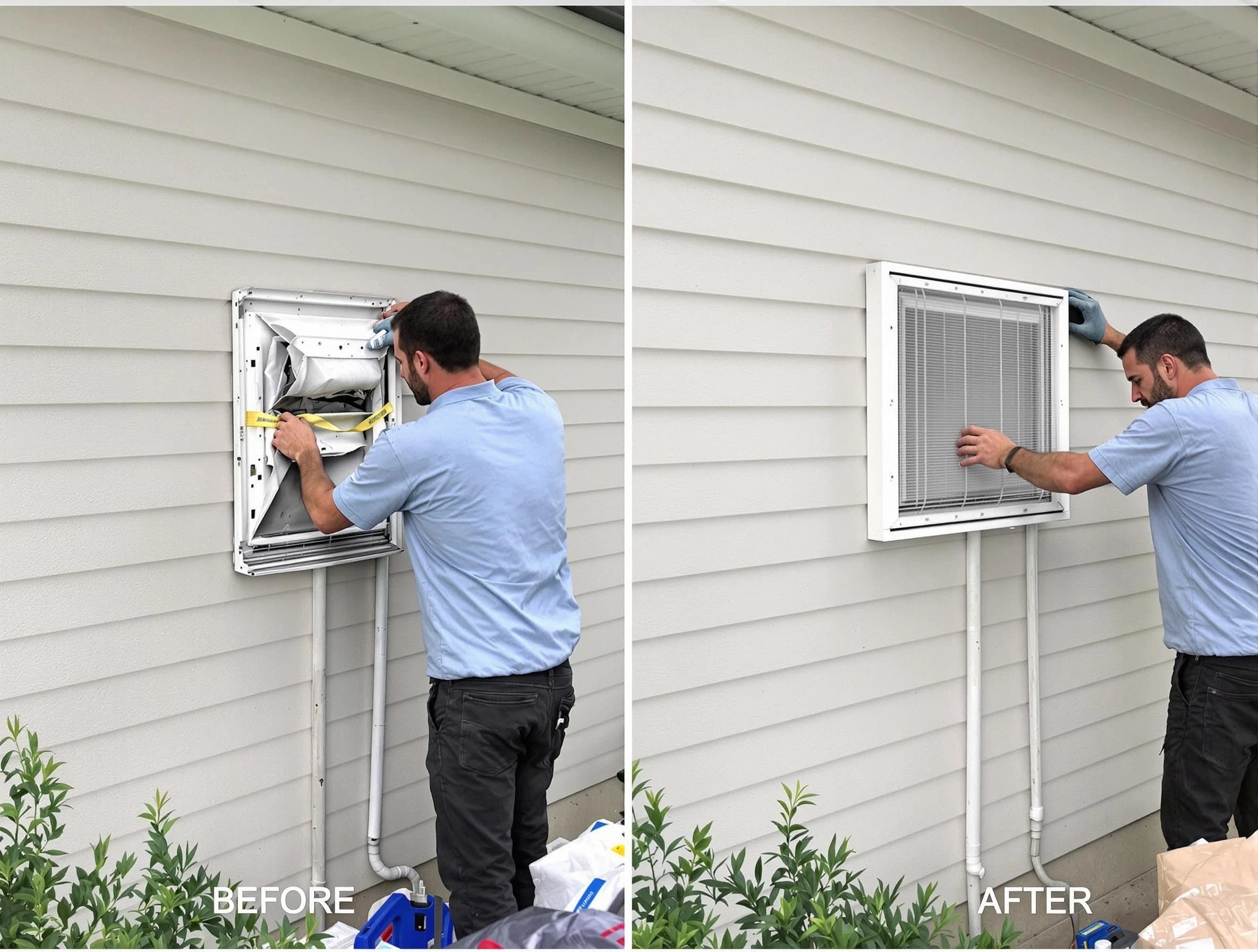 Noble Dryer Vent Cleaning technician installing high-quality dryer vent cover at a residential property in Noble