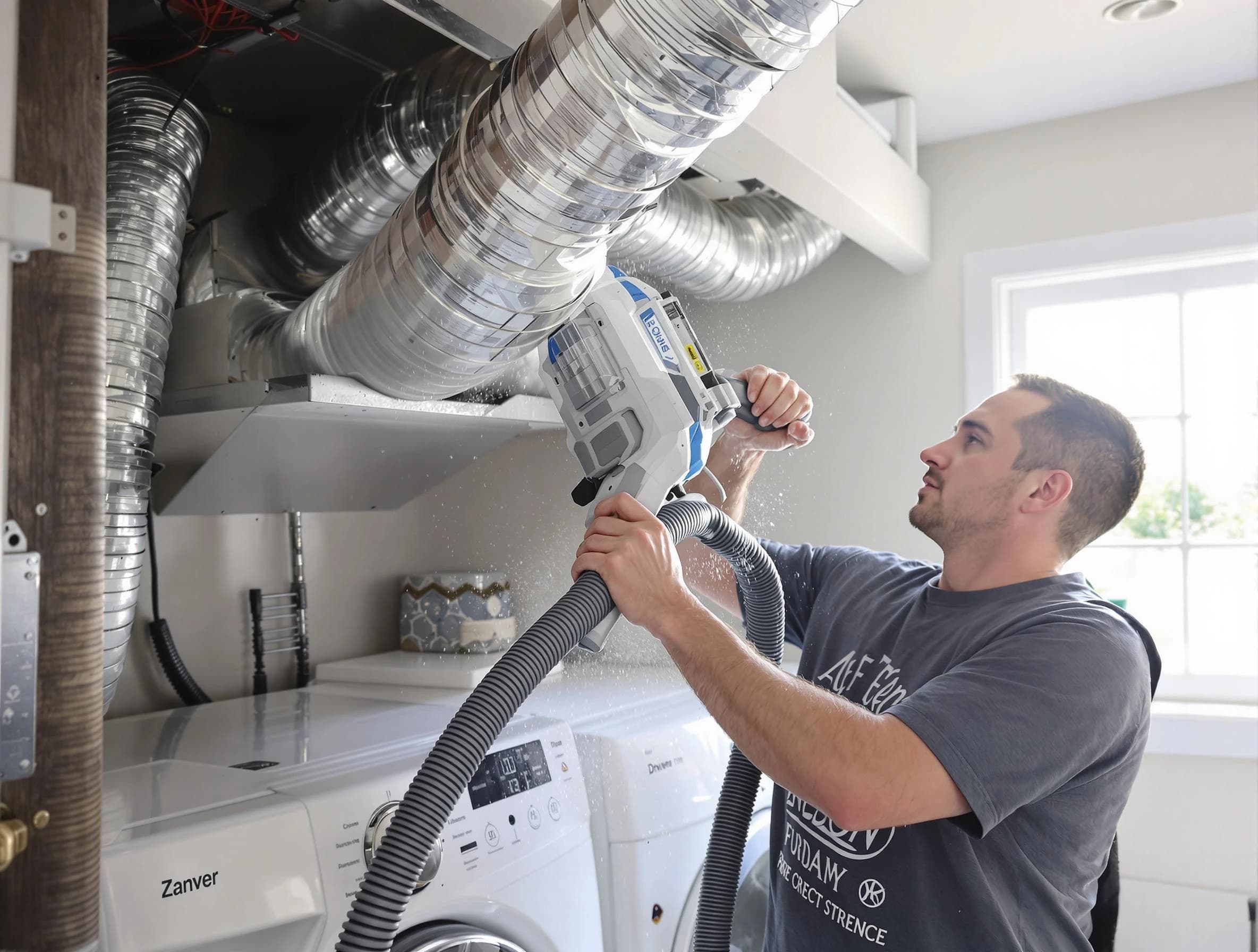 Noble Dryer Vent Cleaning specialist cleaning deep within a dryer vent duct system in Noble