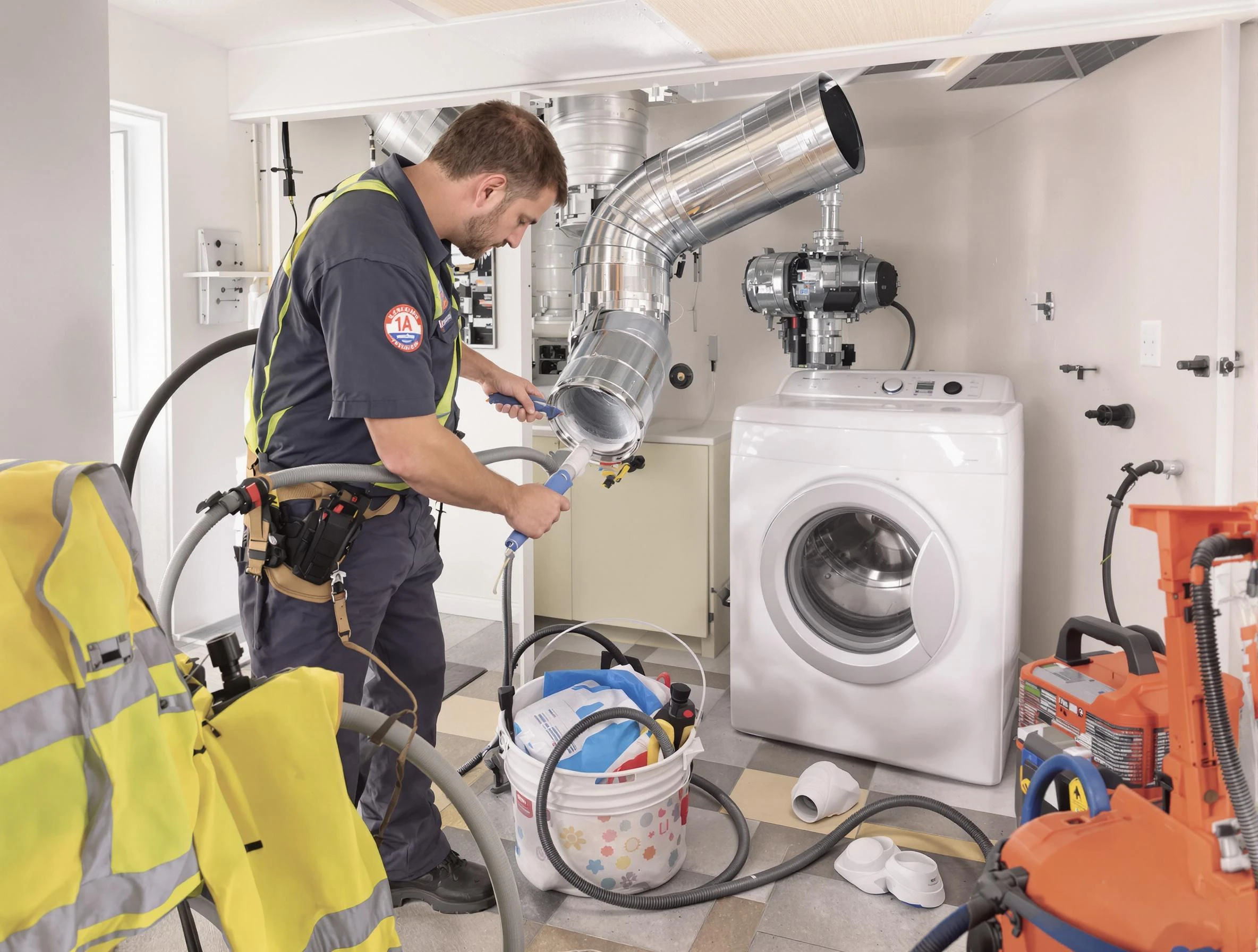 Noble Dryer Vent Cleaning technician using specialized equipment to clear severe dryer vent blockage in Noble