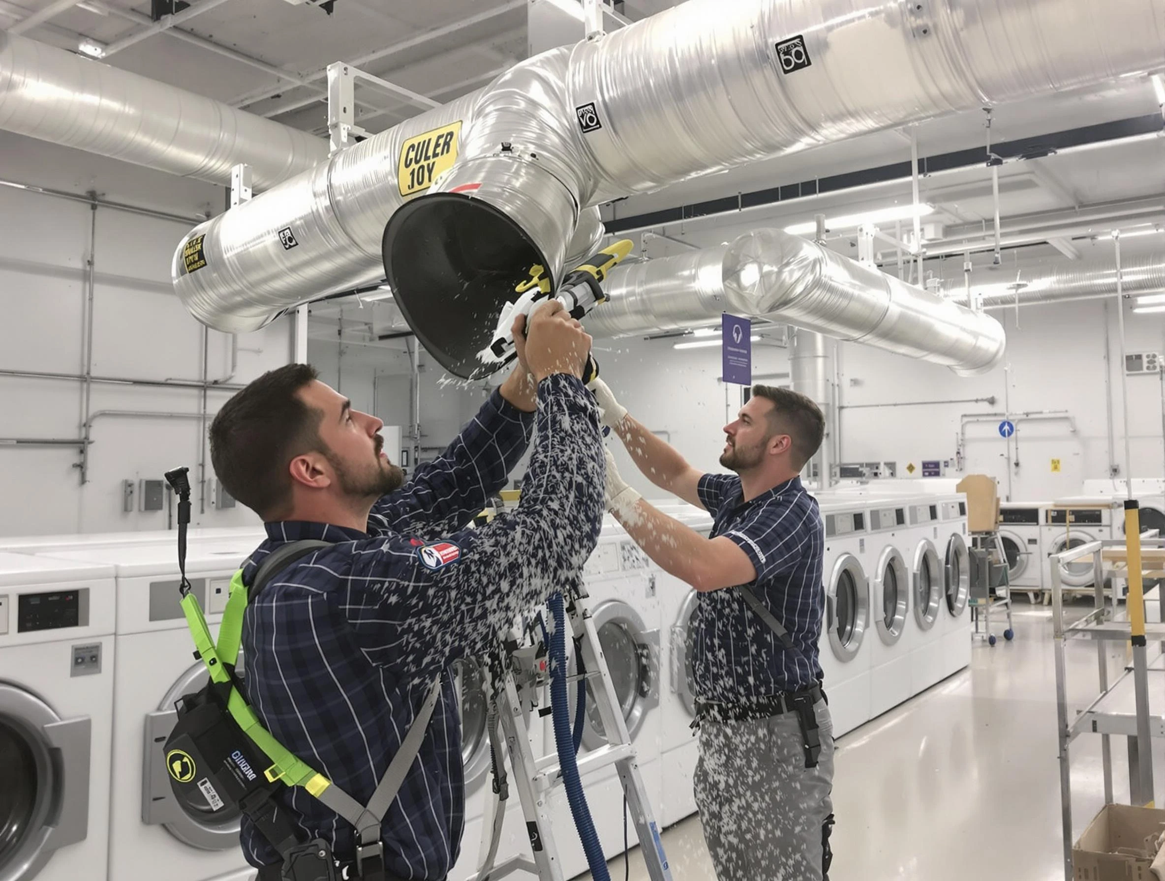 Noble Dryer Vent Cleaning team performing large-scale commercial dryer vent cleaning in Noble