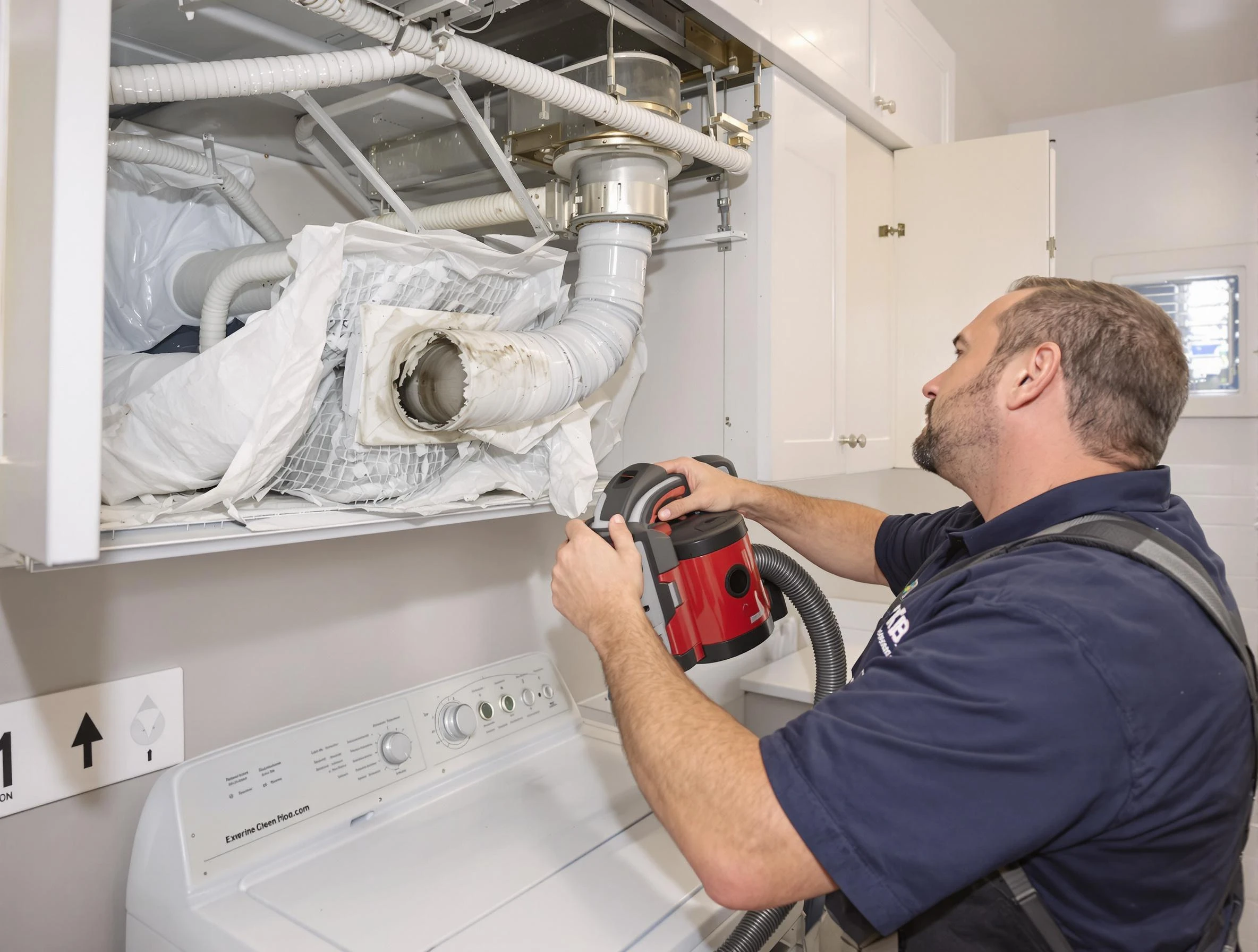 Noble Dryer Vent Cleaning technician performing professional exhaust vent cleaning at a residential property in Noble