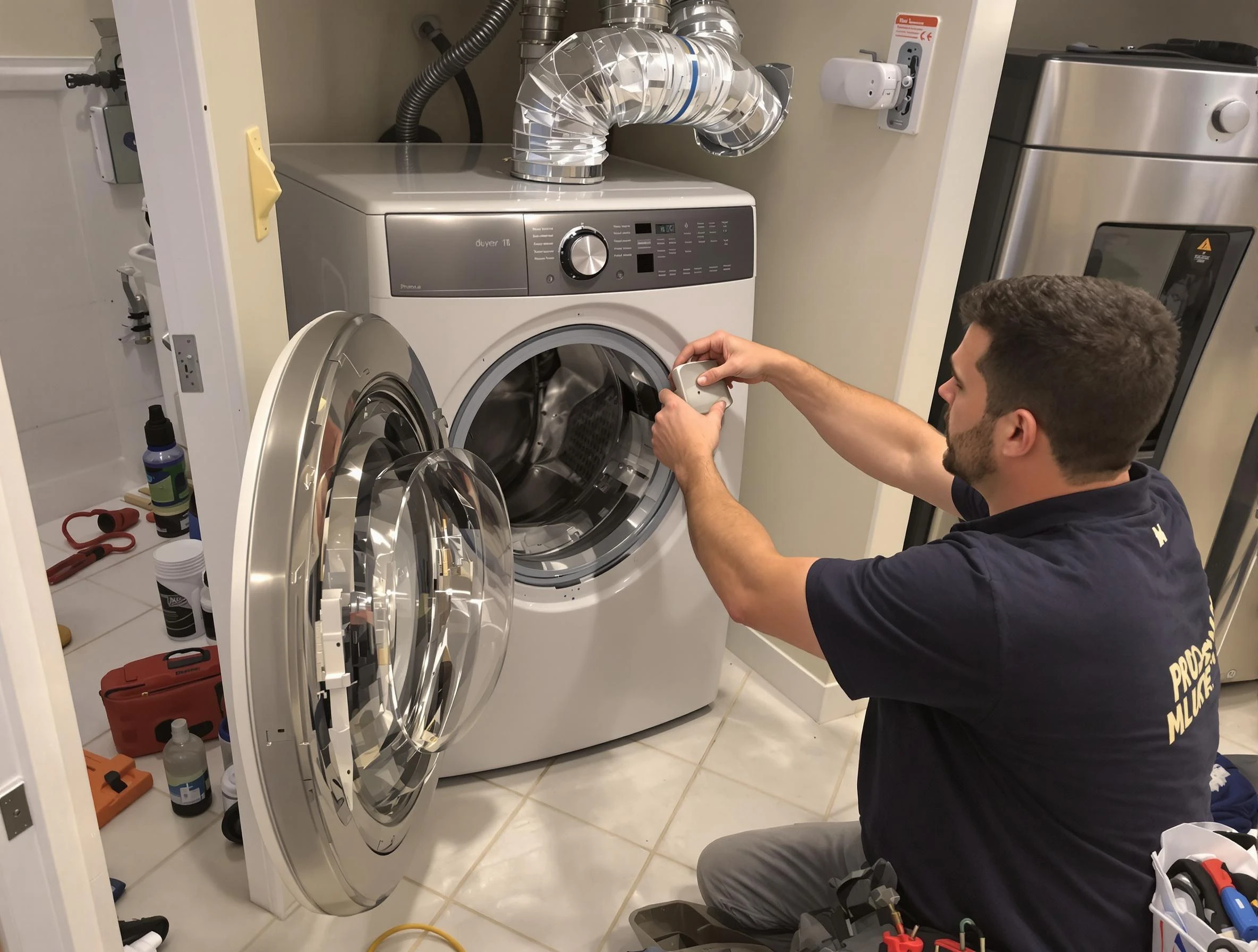 Noble Dryer Vent Cleaning technician performing precise dryer vent hose installation in Noble